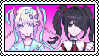 Ame-chan, a video game character, in two different outfits. Left is her pink and blue online angel persona called K Angel, right is a gothic daily look in red and black.